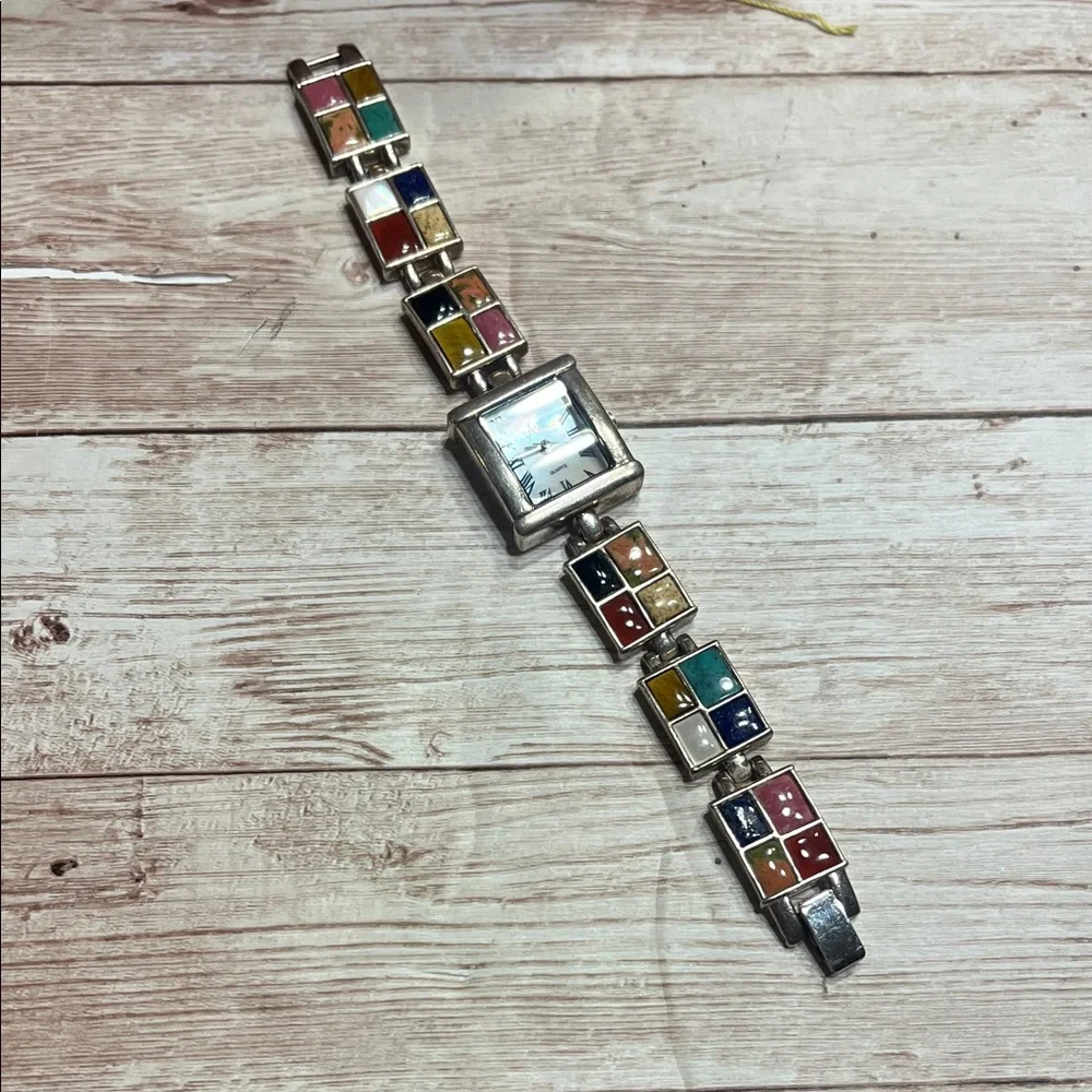 Aria Quartz 925 Silver Multicolor Square Dial Watch